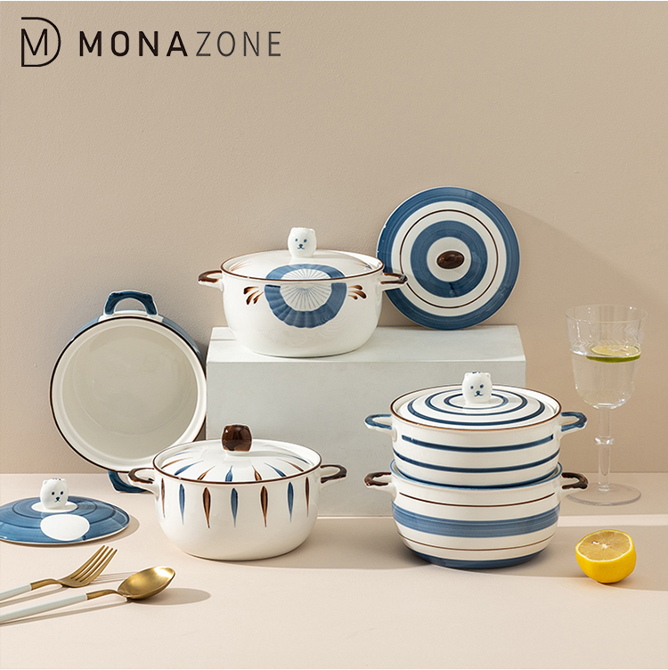 MONAZONE Japanese Style Ceramic Soup Bowl with Lid Stacked Bowls with Double Handles for French Onion Soup, Cereal, Pot Pies