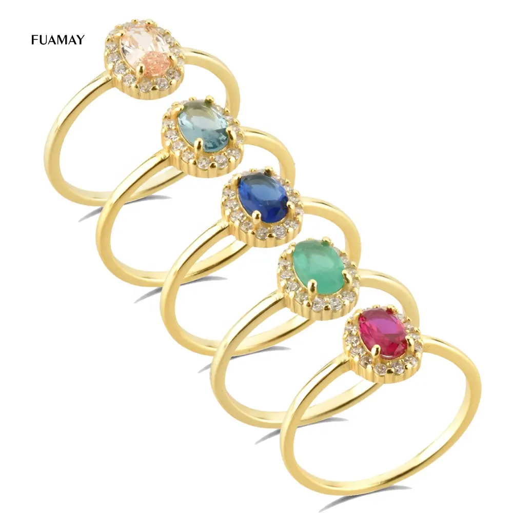 FUAMAY Gold Plated Geometric Square Shape Ice Blue CZ Diamond Rings Mujer Anillos De Plata