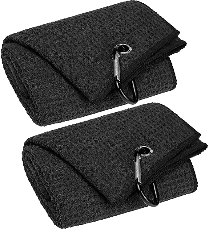 Heavy Duty Carabiner Clip16" x 24" Tri-fold Golf Towels, Black Premium Custom sublimation cleaning Microfiber Waffle Golf Towels