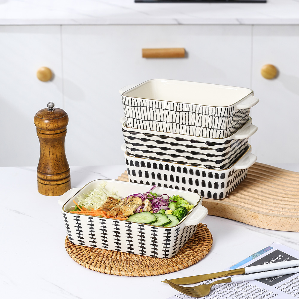 Factory Custom Wholesale 8 inch Rectangle Color Gold Line Bakeware Oven Dishes Stoneware Cake Baking Pan Ceramic Baking Dish