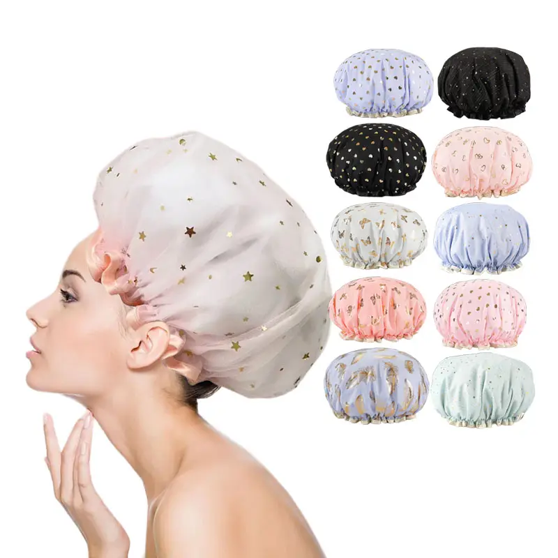 Дизайнерские двухслойные эластичные многоразовые женские шапочки для купания волос в спа-салоне, водонепроницаемые шапочки для душа для женщин