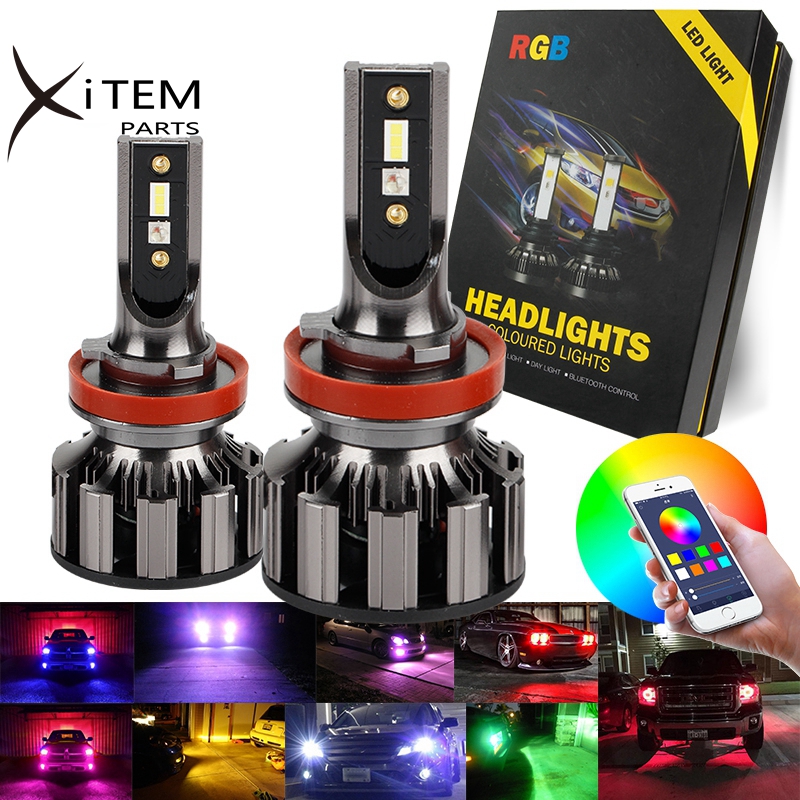 Управление музыкой цветная (RGB) светодиодная фара H7 H11 12V цветная (RGB) светодиодных фонаря для автомобиля 9005 9006 H4 автомобильная светодиодная головная фара