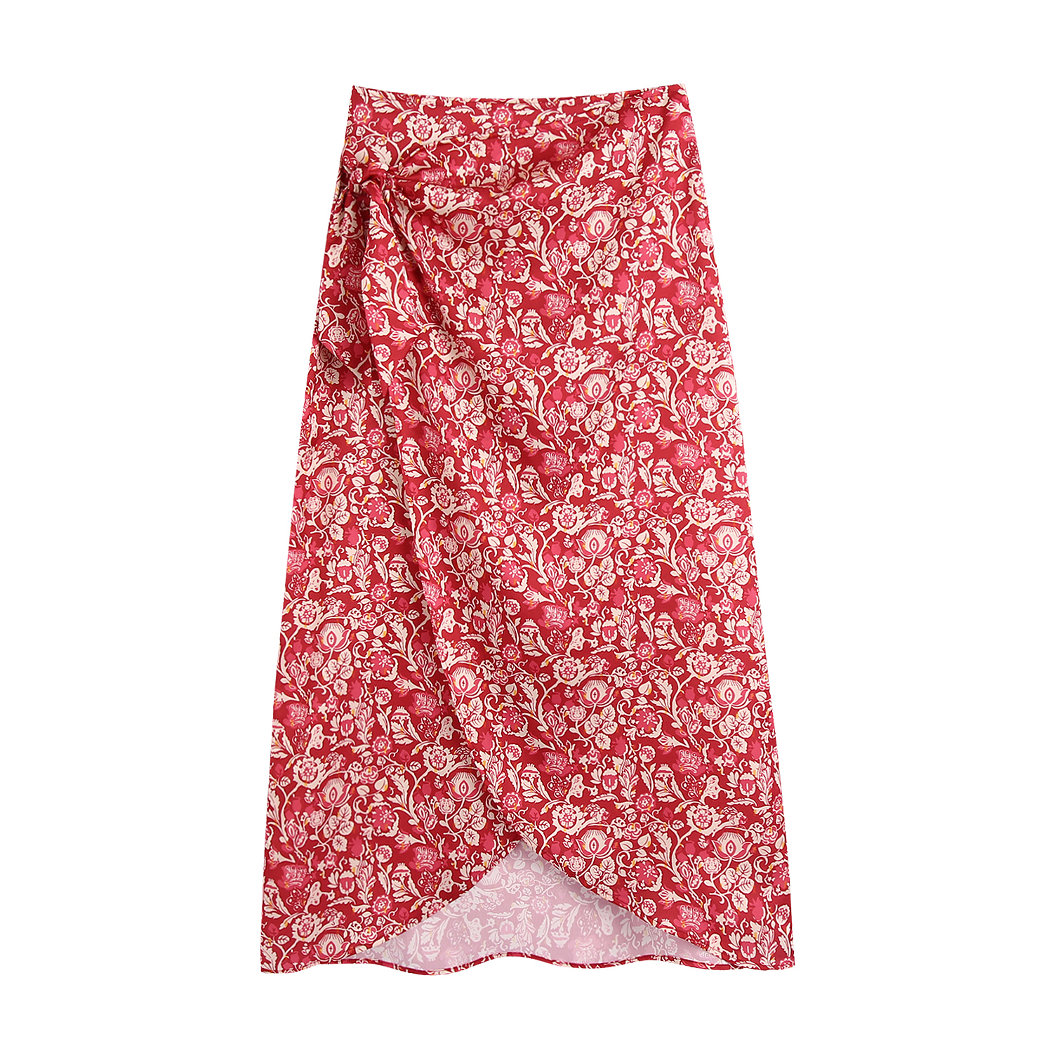 Red color floral print front slit side bow fashion casual long skirts for women
