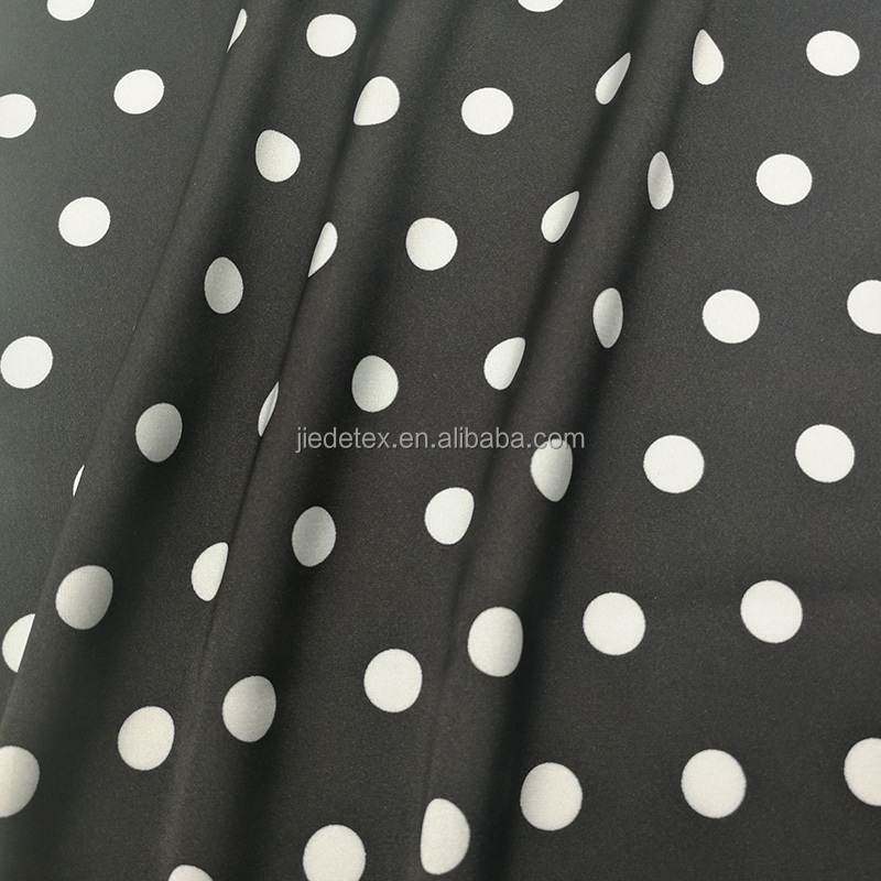 Cheap Matte light Polister White Wave Points Printed Satin Polyester Spandex Fabric For Tshirts Dresses