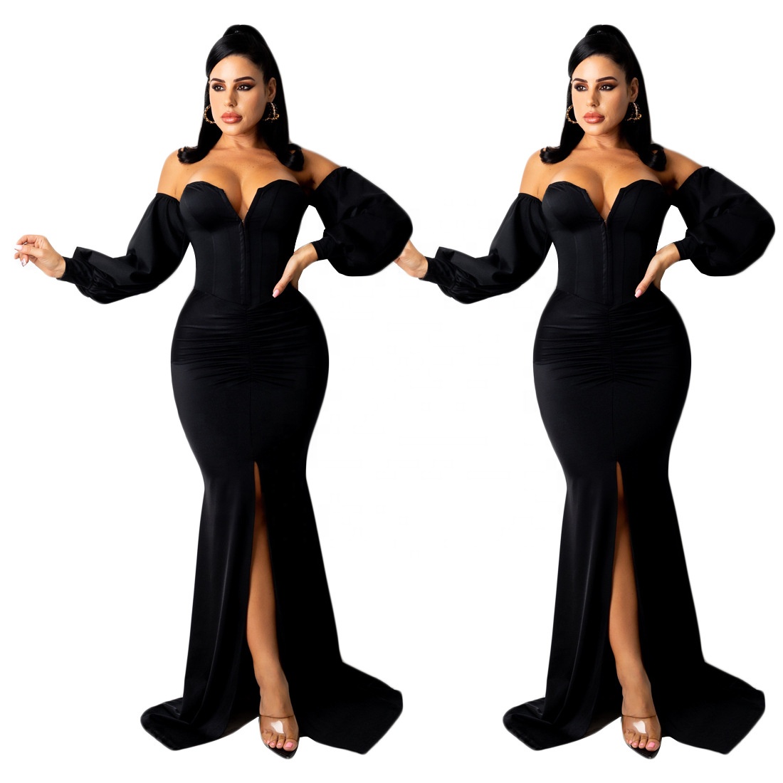 KX New stylish zipper off the shoulder corset party gowns for women evening dress long split satin evening dress