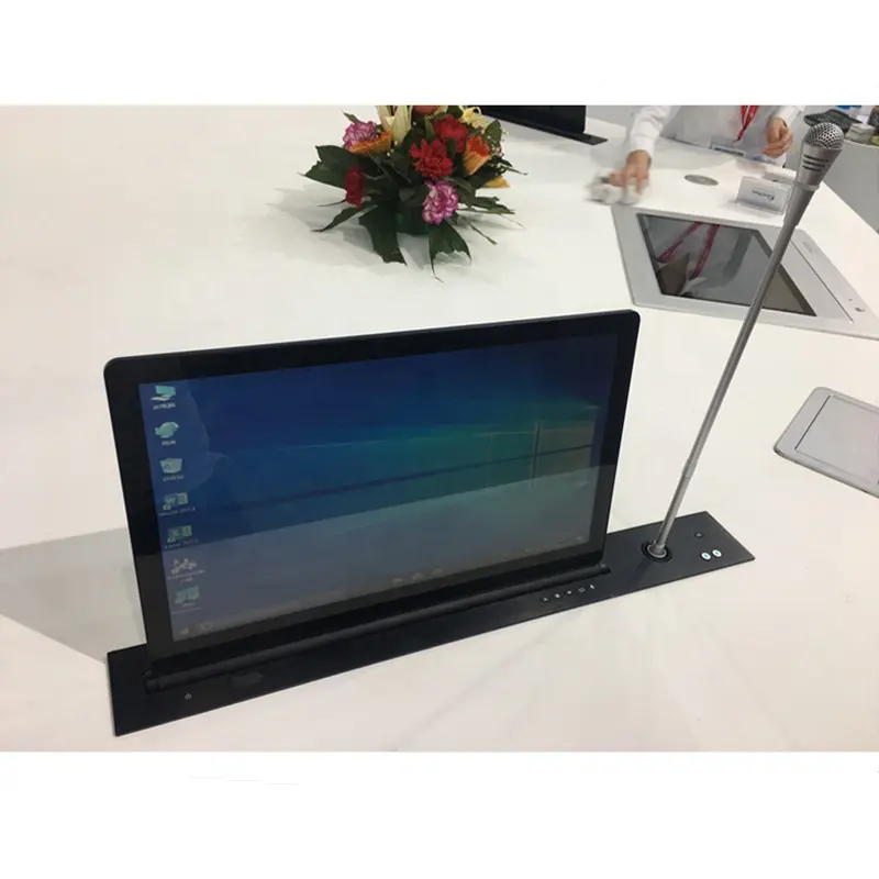 hidden computer monitor lift for paperless conference system