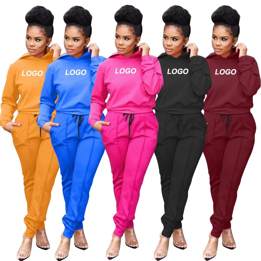 Custom 2020 Plain long Sleeves Sweat Suits Fashion autumn Women Joggers Suits Sets Women two pieces pullover hoodie for gym