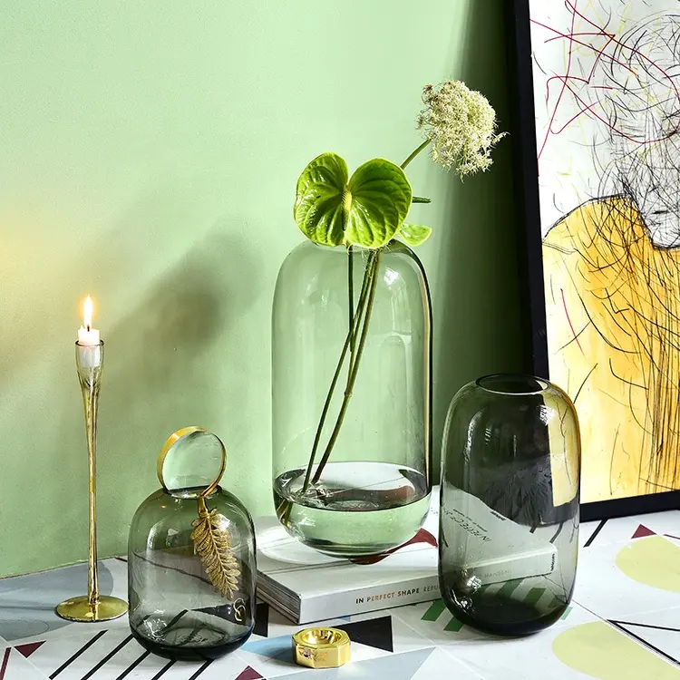 Bixuan Vases Optic Grey Handblown Glass Flower Arrangement Modern Pot Shape Vase Table Decor Centerpieces Accent 15x26cm