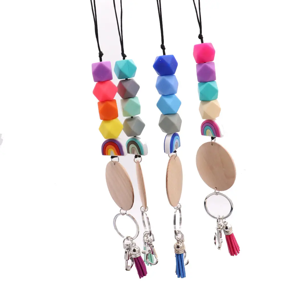 Cross Border Hot Selling Personalized Rainbow Silicone Bead Necklace Blank Disc Tassel Key