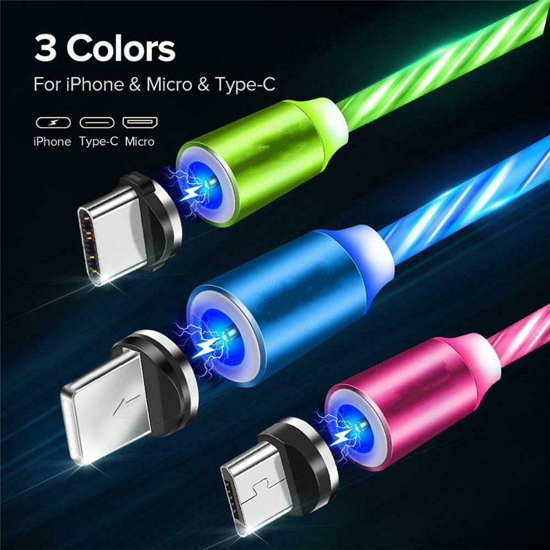 Новое поступление струящийся свет Магнитная 3 в 1 Micro USB кабель с разъемом типа C USB зарядный кабель для передачи данных с имеет функцию быстрой зарядки Quick светодиодные лампы для Android Samsung Xiaomi телефон