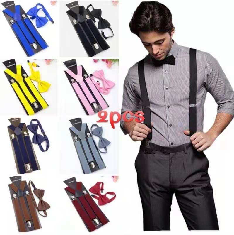 Soild Color Belt Bowtie Set Suspenders Clip-on Y-Back Braces Elastic Adjustable