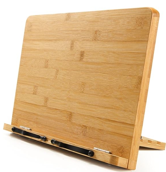Bamboo Book Stand, Large Cookbook Stands Reading Book Holder with 5 Adjustable Height