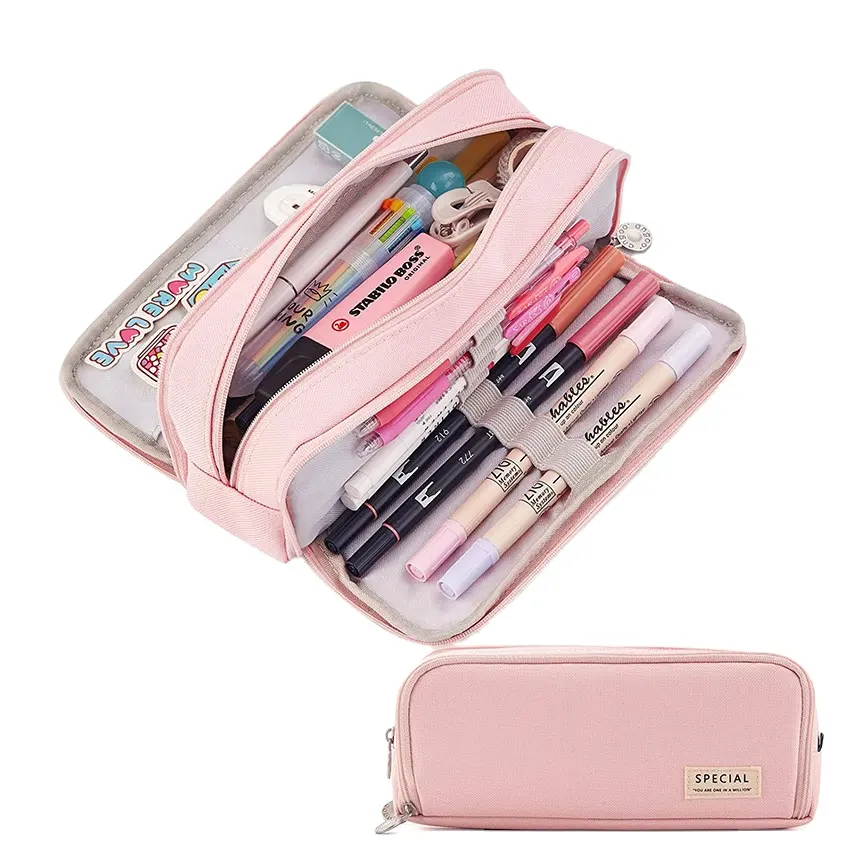BEYOND Big Capacity pencil bag,3 Compartments zipper canvas storage pouch marker pen kids school pencil case for girls kids