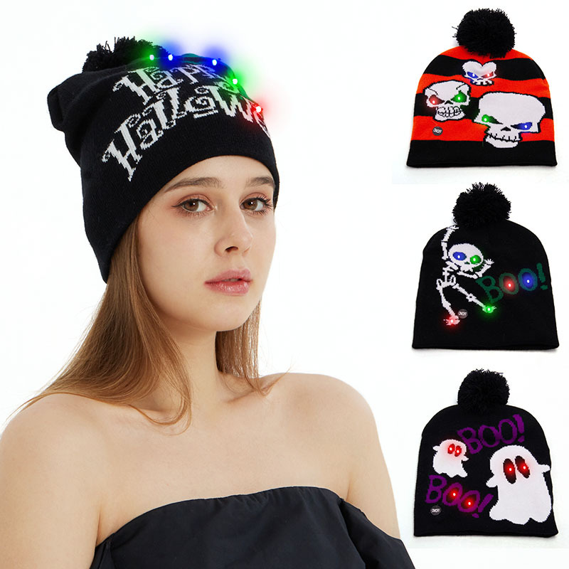2022 New Black Witch Hat Halloween Knitted Hat With Lights For Adults Children Fashion Led Thickening Warm Halloween Hat Decor