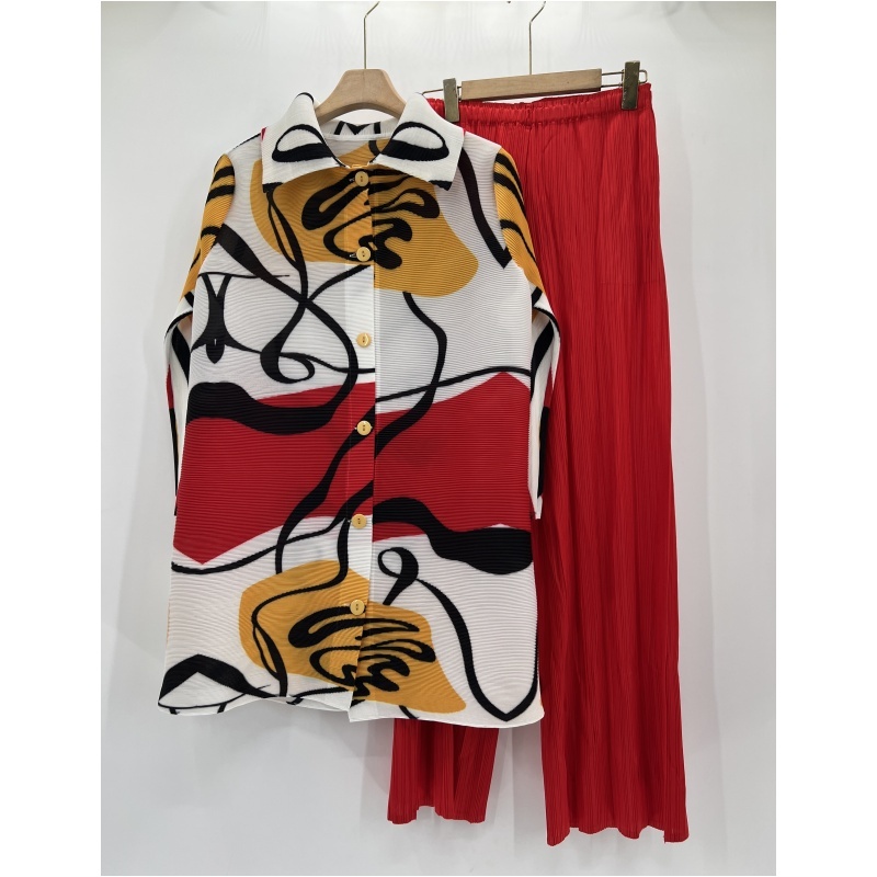 Tianbao Miyake 2024 new printed breasted cardigan press lapel long sleeve temperament large size women's trousers
