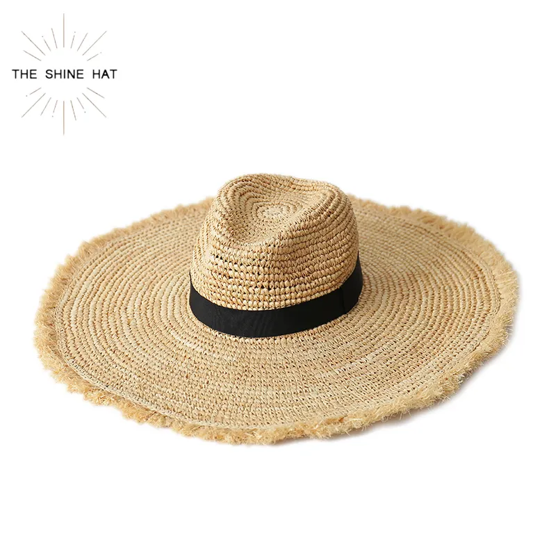 2020 wholesale vintage summer sun beach hat flat wide brim women ladies natural fringed raffia crochet straw hat