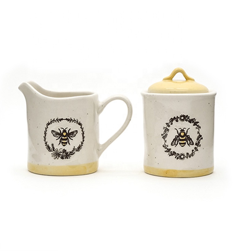 Wholesale ceramic sugar and creamer set 3D bees silk printed sugar with ceramic lid for everyday