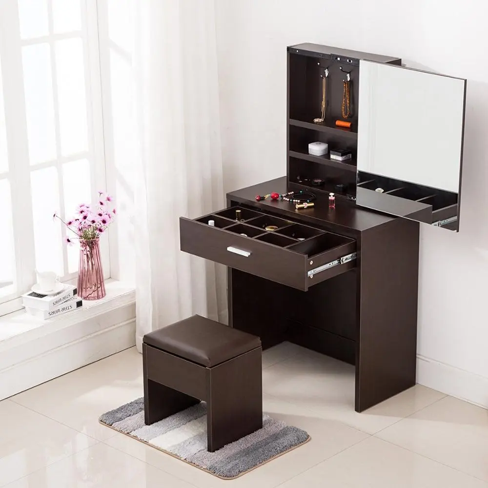 Simple Multi-functional Dressing Table with Large Sliding Mirror & Leather Stool Storage