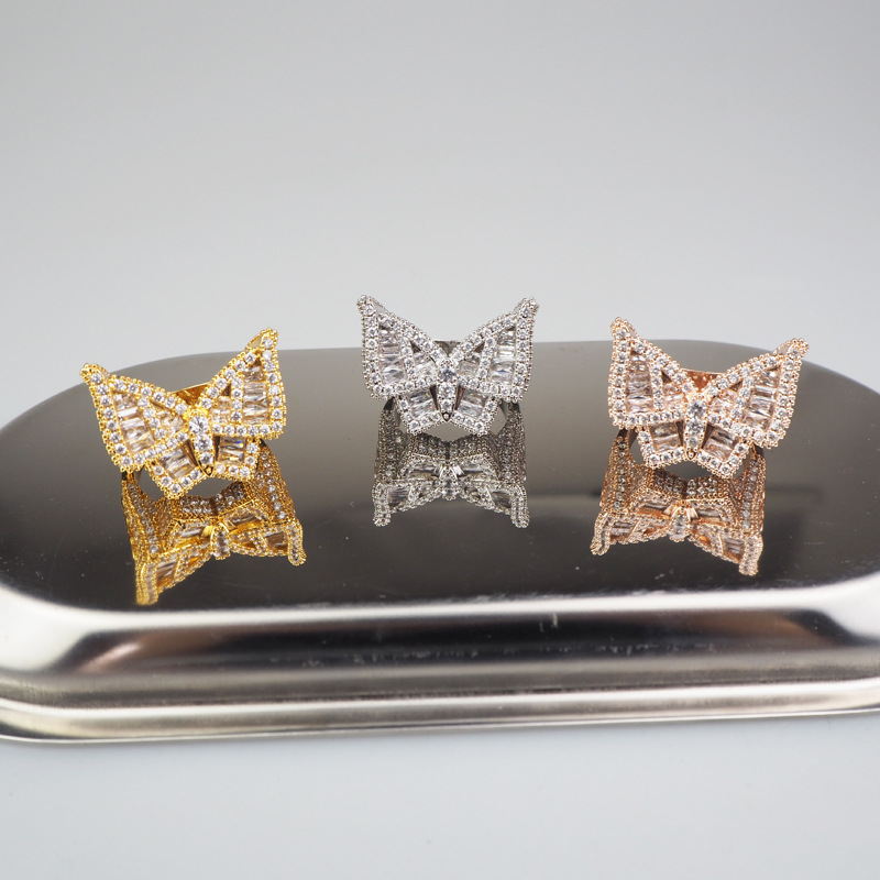 Copper Charm Gold Color Iced RING Fashion Hip Hop Jewelry Baguette Zircon Men's Butterfly Ring For Women
