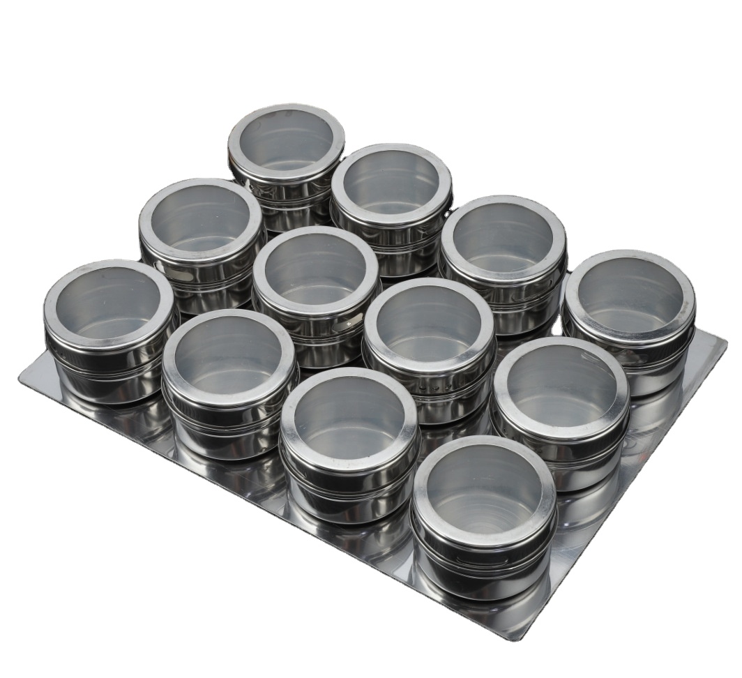 Kitchen Tool Metal Round Stainless Steel Magnetic Refrigerator Spice Seasoning Container Jar Tins Set Rack With Magnet Jars