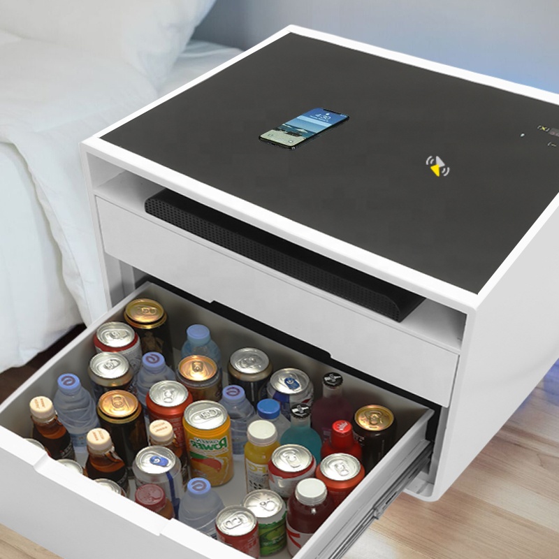 Novedades 2021 Brown Mirrored Smart Bedroom Bed Furniture Nightstands with 3 Drawersle Table Built in Refrigerator for Storage