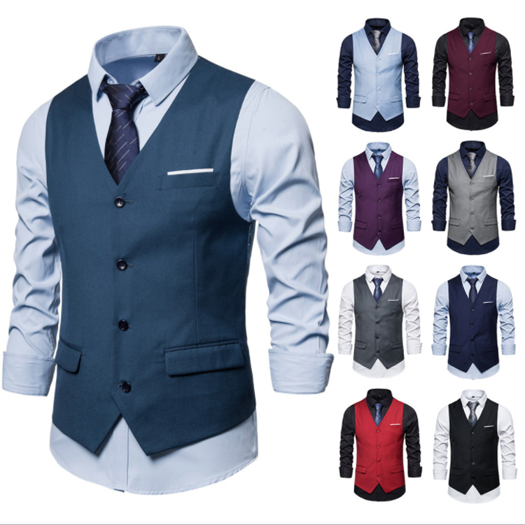 Casual Suit Vest Men Formal Solid Gilet Vest Double Breasted Cotton V-neck Men Vest Waistcoat