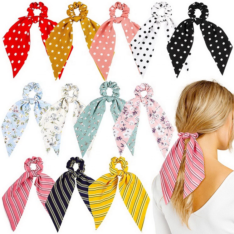 12 pcs/set Multi Style Bowknot Hair Scrunchies Wave Dot Long Hair Scarf Chiffon Glirs Basic Hair Scarf set