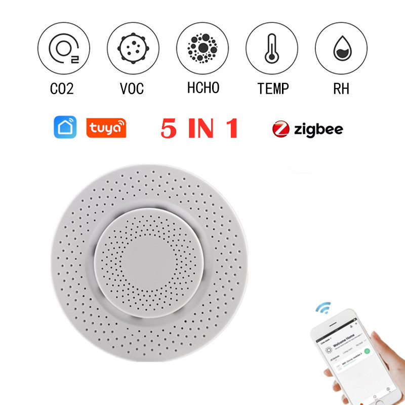 Умный детектор диоксида углерода Tuya ZIGBEE, прибор с Wi-Fi и управлением через приложение, датчик температуры и влажности газа CO2, формальдегида, VOC, 5 в 1
