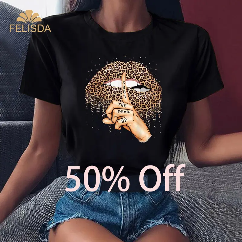 Big Sale Summer Fashion Shirt Lips Love Graphic T Shirt Women Tops O-neck Black White Tees Kiss Leopard Funny Girls Tshirt
