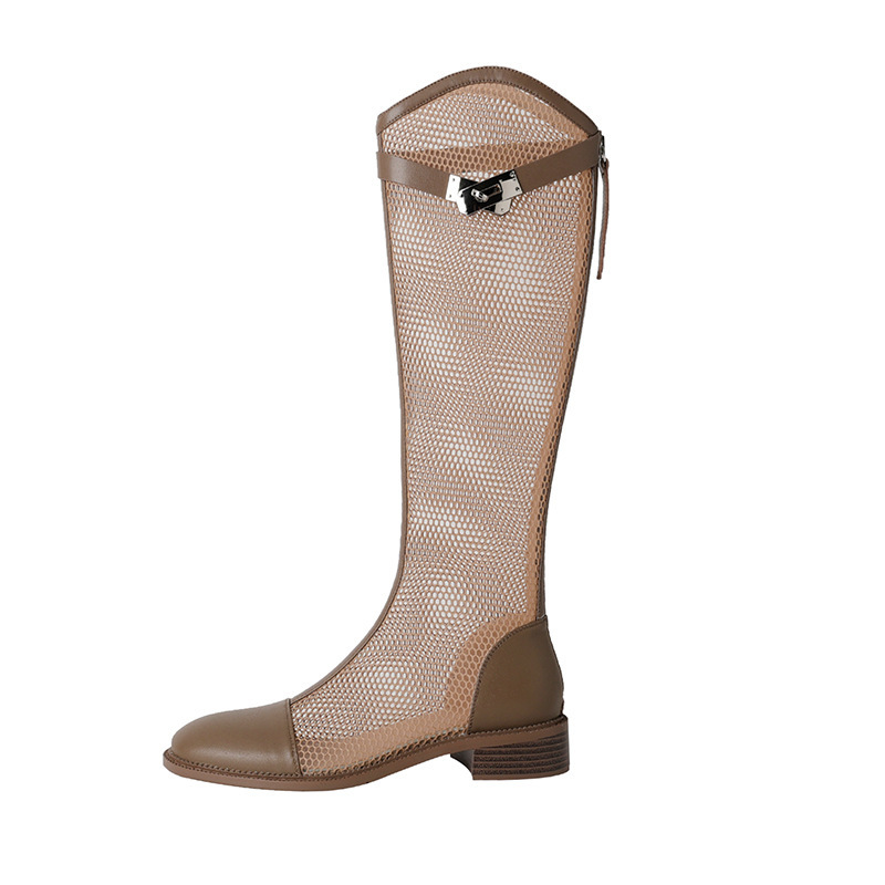 Summer French Fashionable Dress Boots Women's Shoe Flat Heel Round Toe 3 Cm Heel Mesh Genuine Leather Knee High Boots For Women
