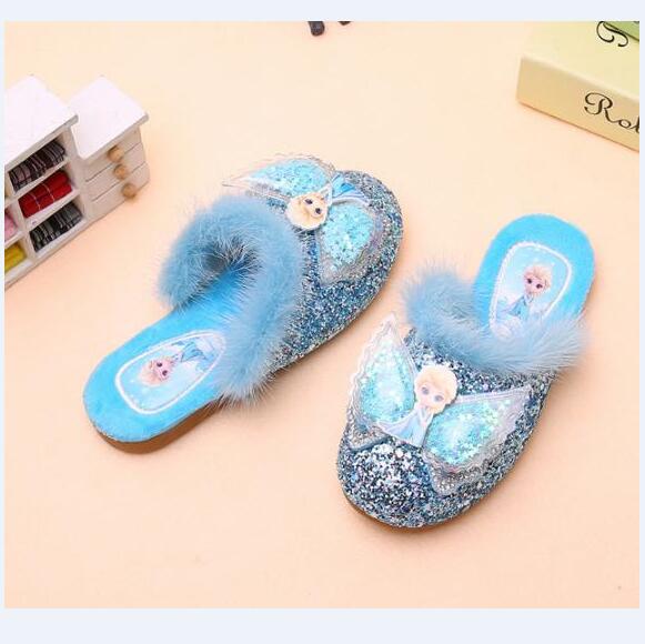 2021 beautiful cute warm winter sequin girls slippers children kid plush faux fur mules cartoon slippers angel flats indoors