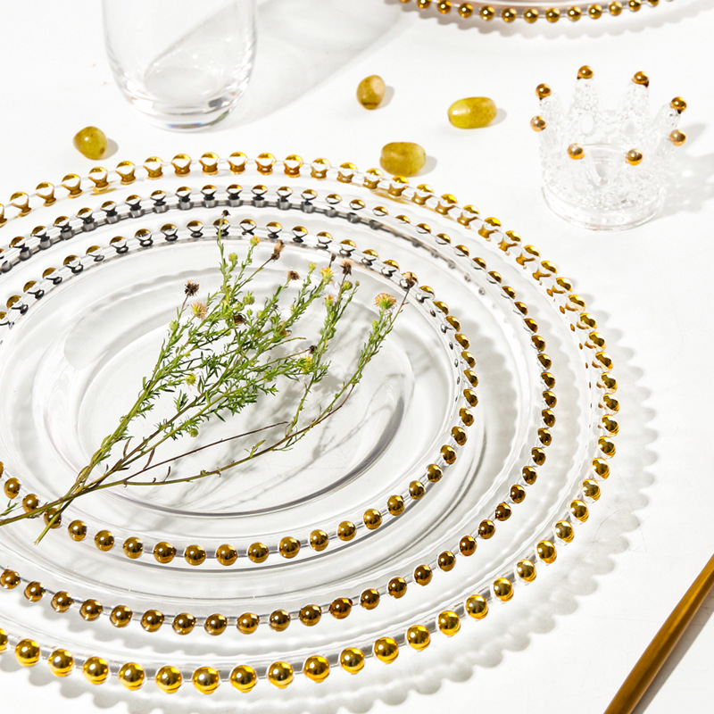 P&T 8.25" 10.5" 12.5" 13 Inch Dinner Under Plate Decorative Glass Gold Beaded Chargers Plates for Wedding