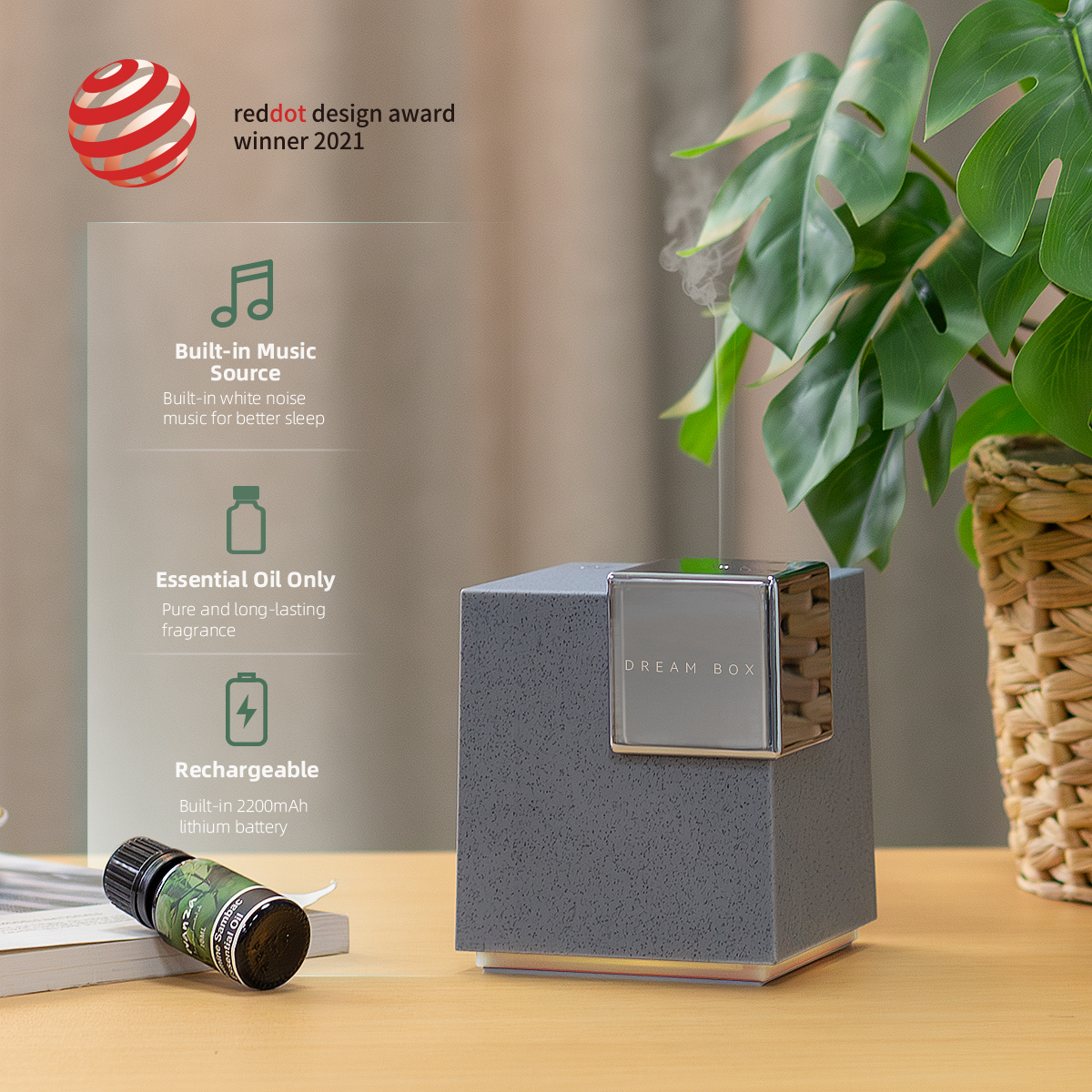 New Design Cube 2200mAh Rechargeable Nebulizing Diffuser White Noise LED Light USB Waterless Aroma Scent Essential Oil Diffuser