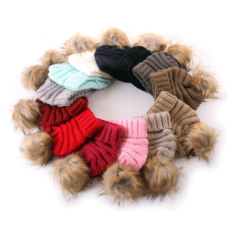 Высокое качество теплые детские зимние шапки Мех животных Pom pom вязаная шапочка шляпа