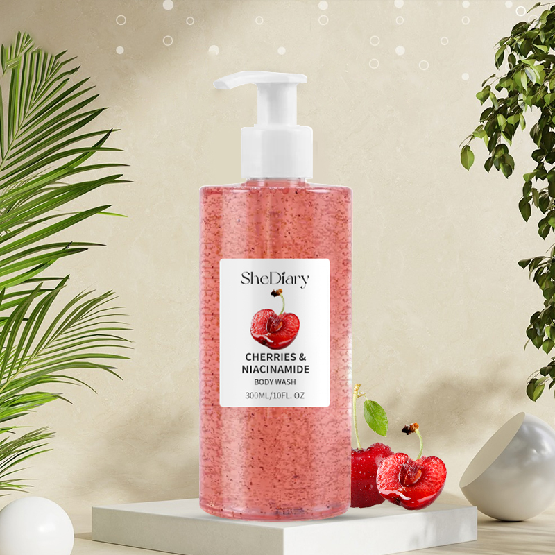 Private Label Moisturizing Cherry Shower Gel Refreshing Fruit Skin Hydrating Body Wash Scrub Exfoliating Lightening Whitening