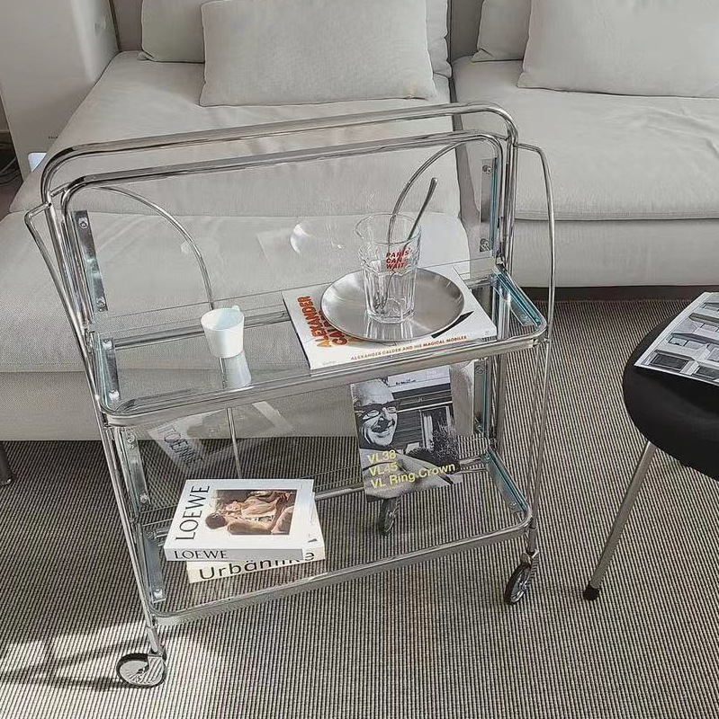 Medieval foldable mobile cart multi-layer glass shelf net red dining car