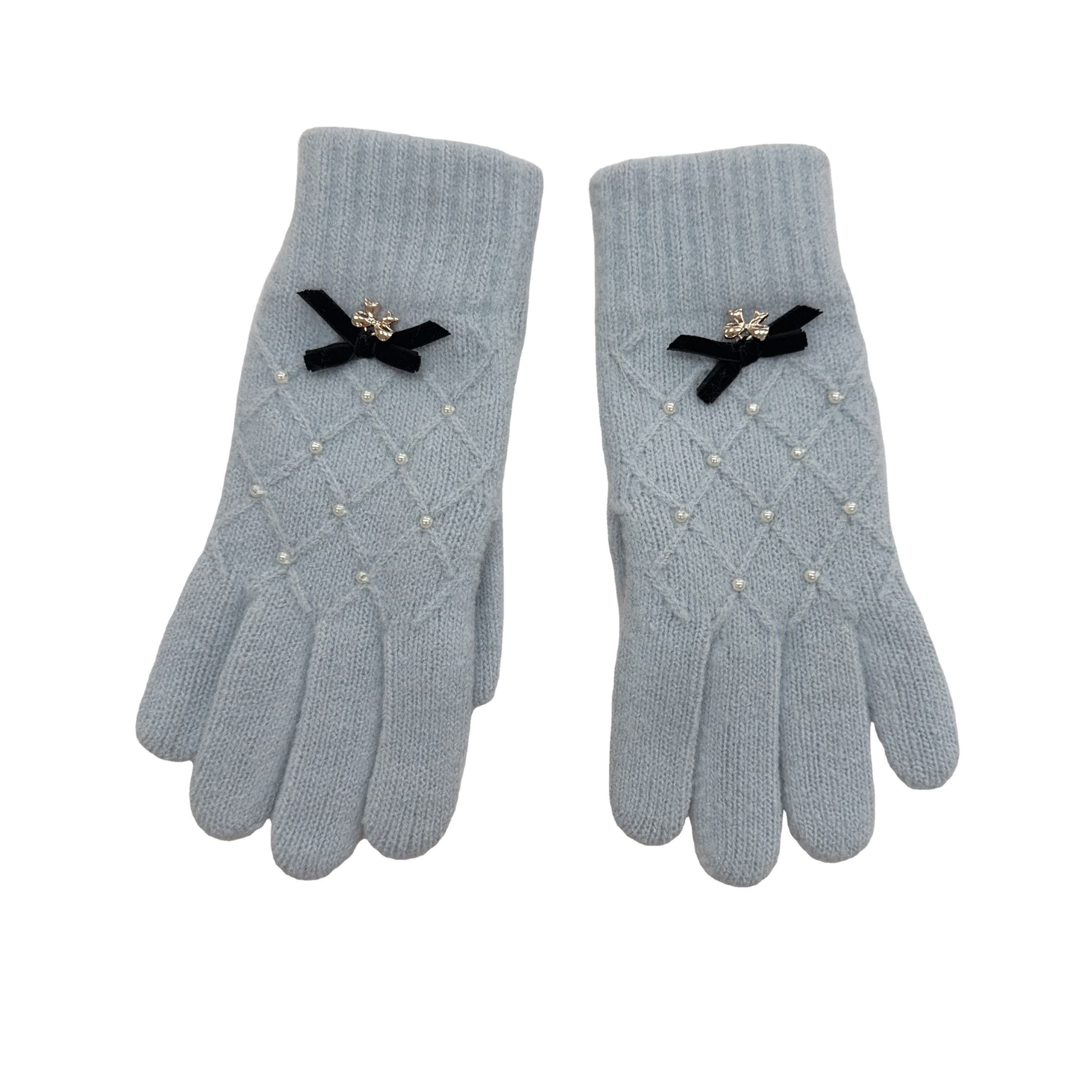 Ladies' Knitted Diamond Shaped Gloves With High-end Pearl Decoration, Flannel With Gold Bow Embellishment Gloves
