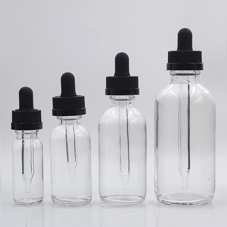 Custom Logo 1/2oz 1oz 2oz 4oz Clear Boston E Juice Essential Oil Glass Dropper Bottle Boston Bottle with Black Collar