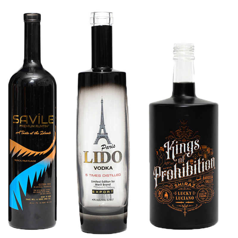 wholesale round oval shape custom label opaque translucent painting color engrave embossing matte black glass bottle with cork