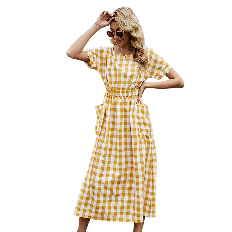Elegant yellow Plaid short sleeve casual women dresses with plus size