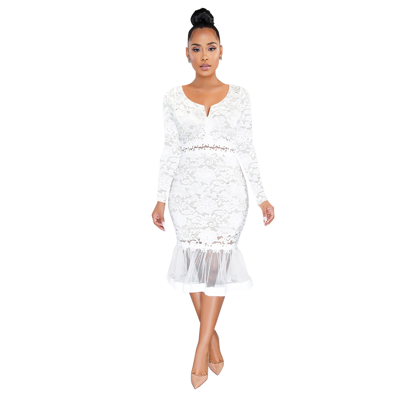 Best Selling Womens Clothes Korean Prom Dresses Women Lady Elegant Lace Mermaid See Through Sexy Dress