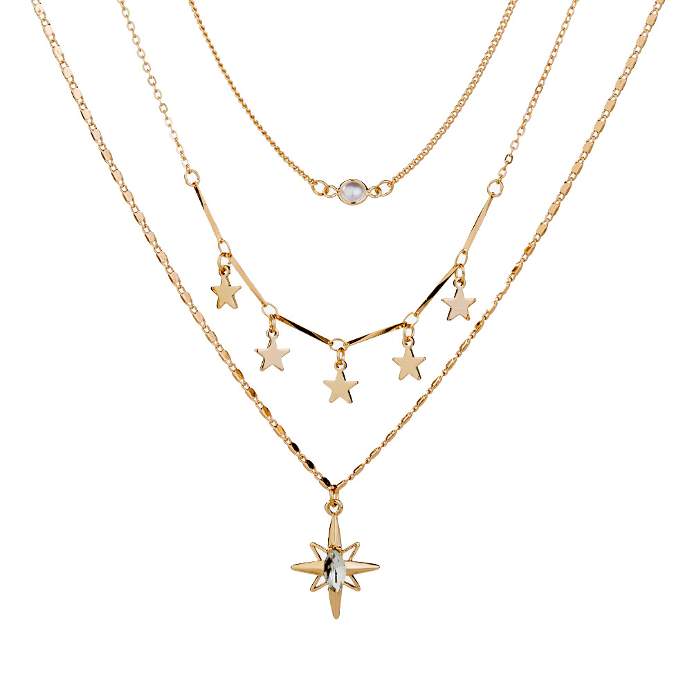 Personality Diamond Inlaid Eight-pointed Star Pendant Necklace Sexy Star Tassel Multi Layered Clavicle Necklace for Women