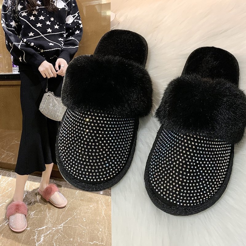 New Winter Plus Size Rhinestone Flat Fluffy Slippers Warm Home Wear For Couples