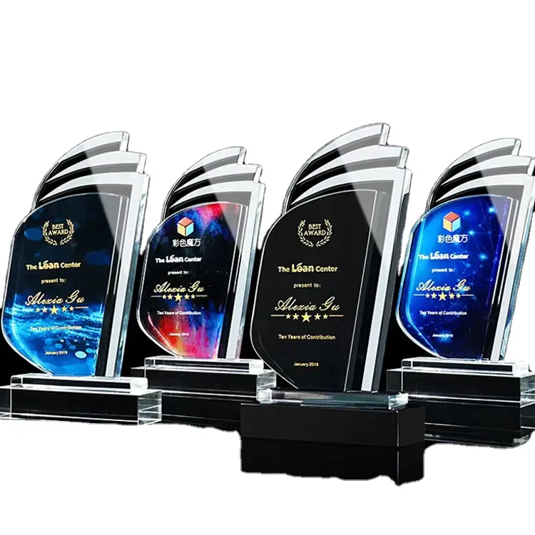 Customized Logo High Quality Color Printing Crystal Award Glass Trophy