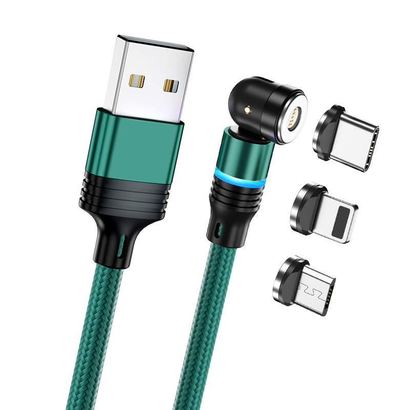 Custom 540 Rotating Charger Cable 3 in 1 LED Charging Cable 3A Type C Micro USB Data Cable