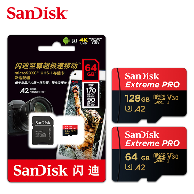 Оптовая продажа двойной флеш-накопитель SanDisk A2 Extreme PRO micro sd Card 64 Гб 128 ГБ 256 ГБ 512 ГБ до 170 МБ/с. скорость чтения U3 флэш-памяти TF/SD карты