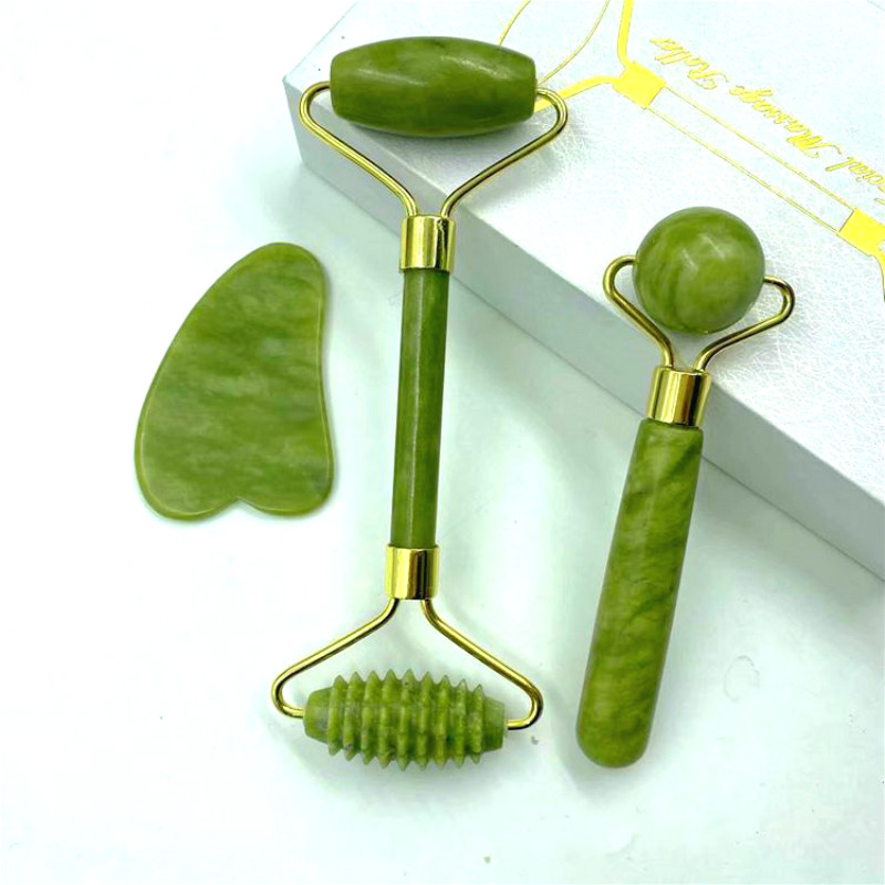 3Pcs Natural Green Jade Gua Sha and Roller For Anti Aging Face Massager Facial Relaxation