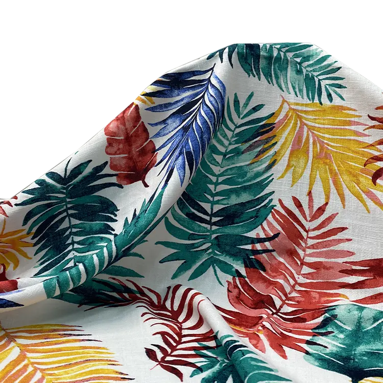 Harvest woven linen rayon 12s with slub fabric in beach palm leaf print from manufacturers