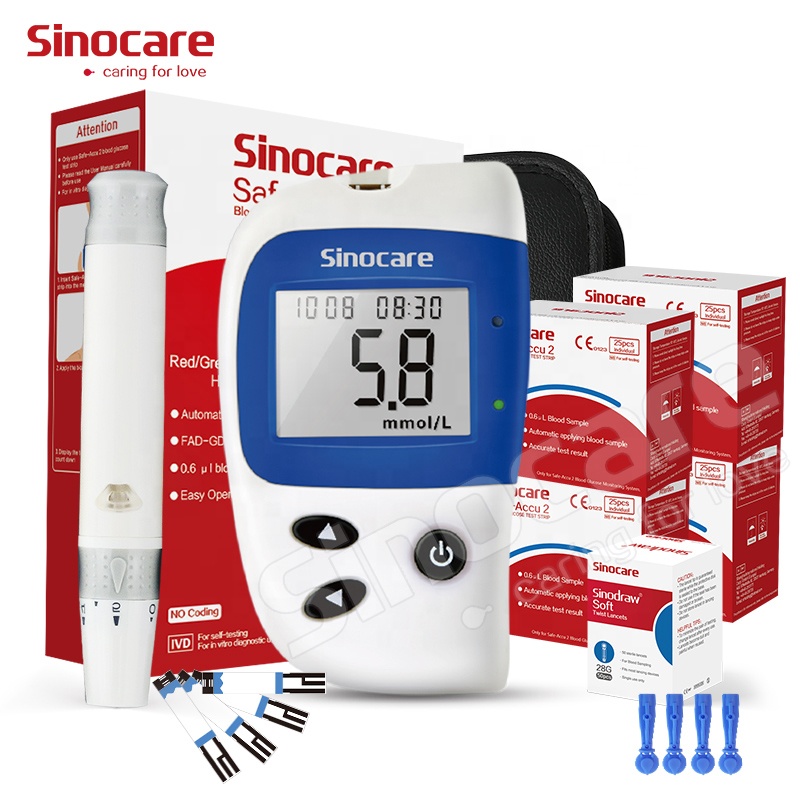 Глюкометр Sinocare Safe Accu 2 для домашнего использования с сертификатом CE, Цифровой глюкометр без кодов для измерения уровня сахара в крови с 200 тест-полосками