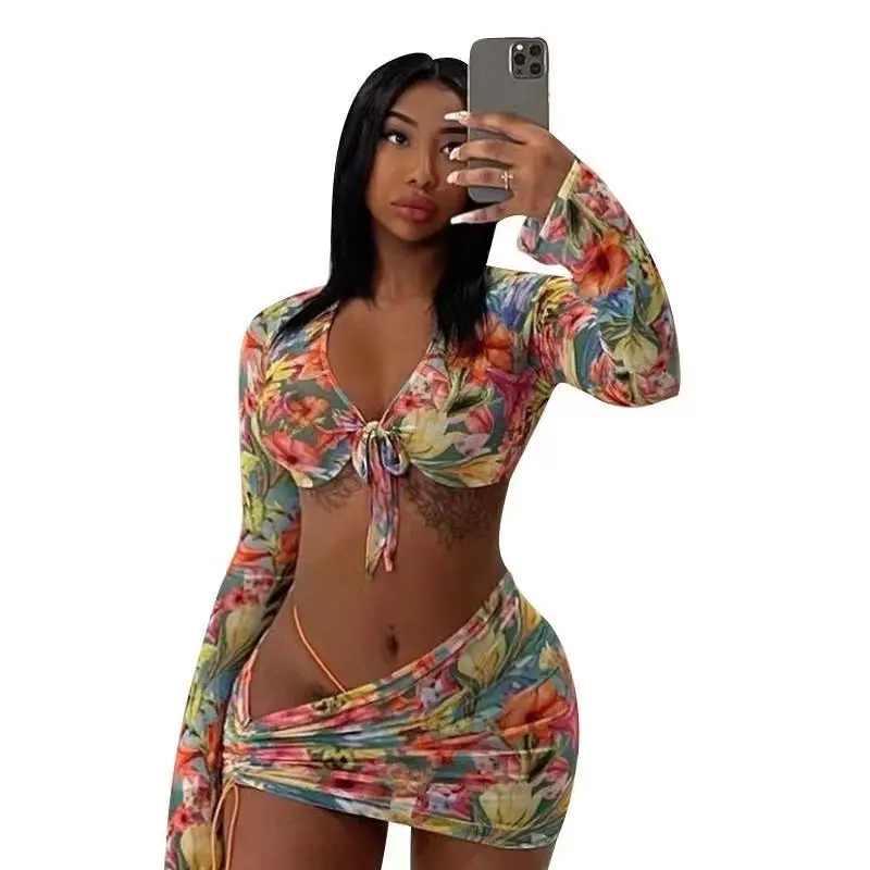 Women Sexy Mesh 3 Piece Set Club Outfits for Women Beach Vacation Summer Clothes Crop Top 2 piece Skirt Matching Sets